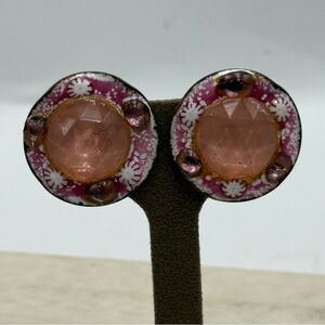 Vintage artisan made copper Pink enamel and Gold Floral clip on Earrings